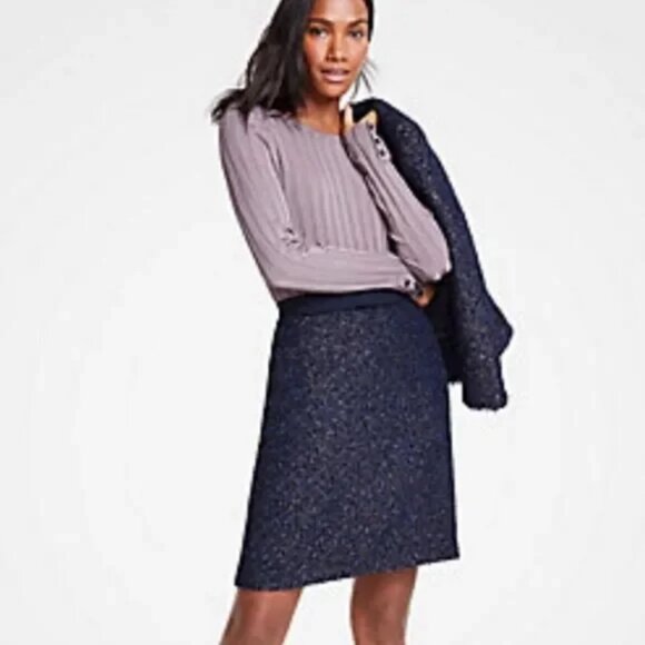 Ann Taylor Tweed Boucle Metallic A-line Mini Skirt In Navy Blue Multi Size 0 EUC - Picture 1 of 10
